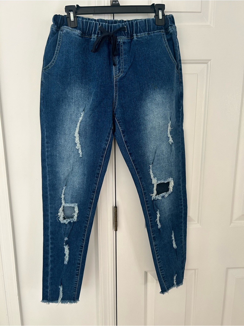 Women’s Skinny Distressed Drawstring Jeans in Dark Blue